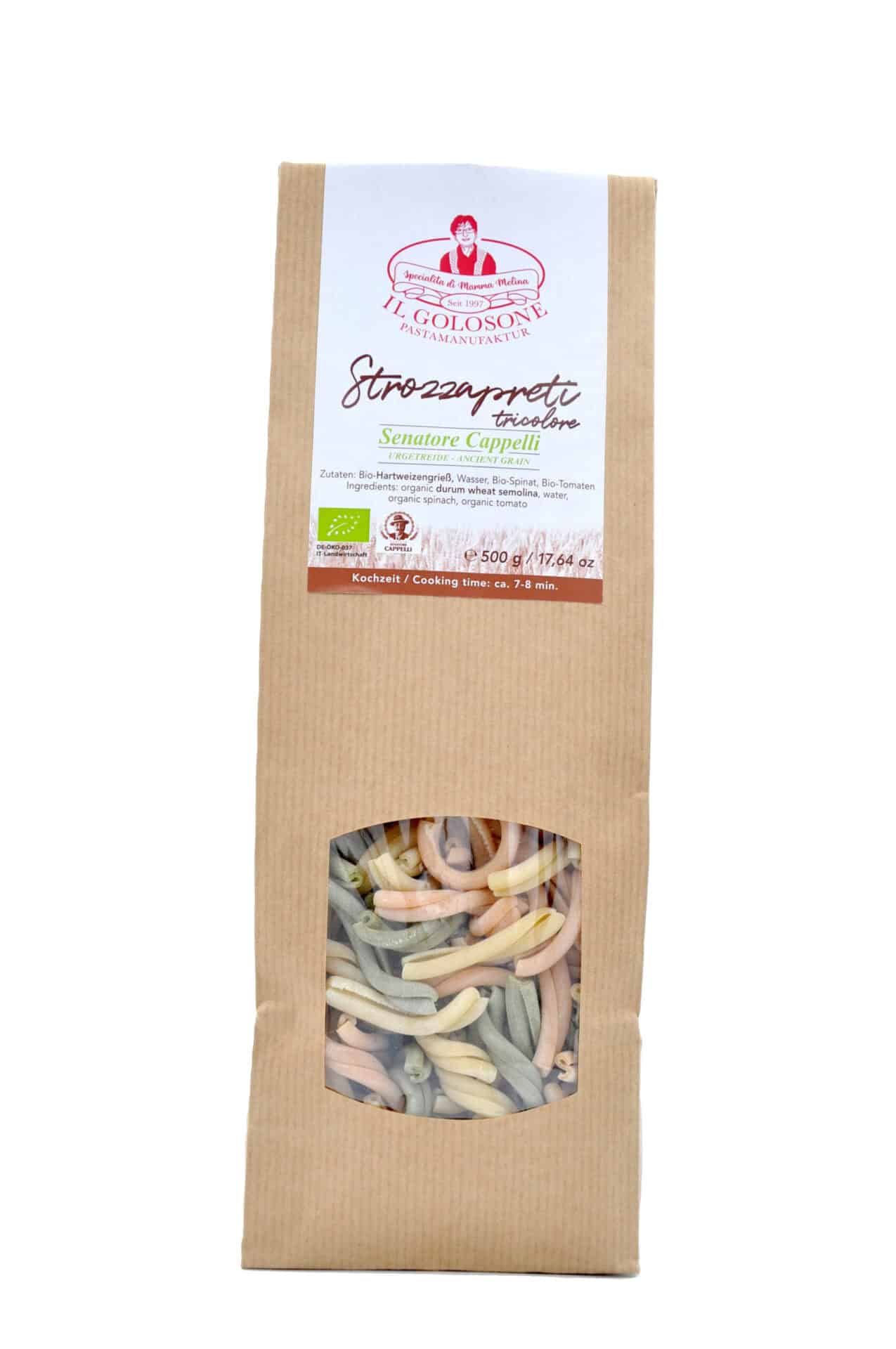 Bunte tricolore Pasta aus biologischem Getreide, hergestellt bei Il Golosone.