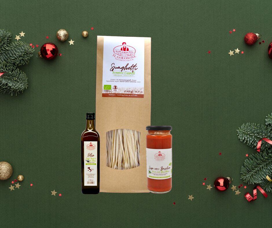 Spaghetti Set von Il Golosone mit Tomatensauce und Olivenöl, ideal für italienische Küche, hochwertig und organic.